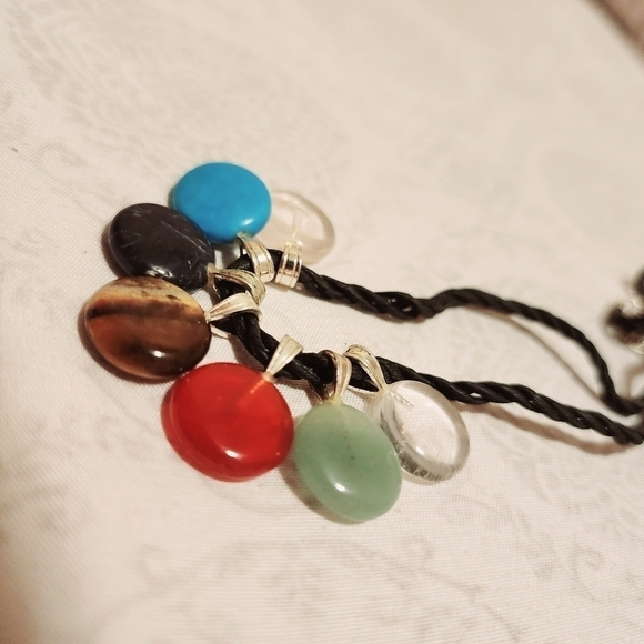 Seven Natural Stone Pendant Necklace on Black Rope Lobster Claw Clasp Quarts EUC - Picture 4 of 10